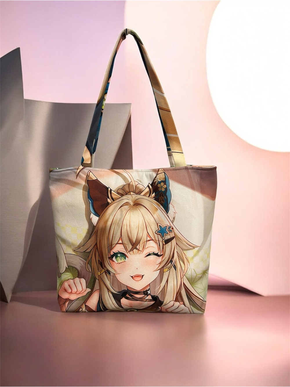 Anime Character Printed Tote Bag - Beige & Green